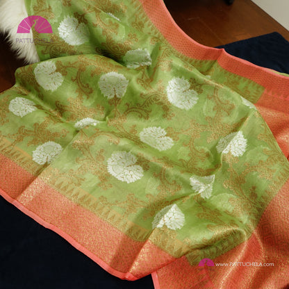 Pistachio Green and Peach Banarasi Handwoven Soft Kora Silk Saree with Jaal weaves