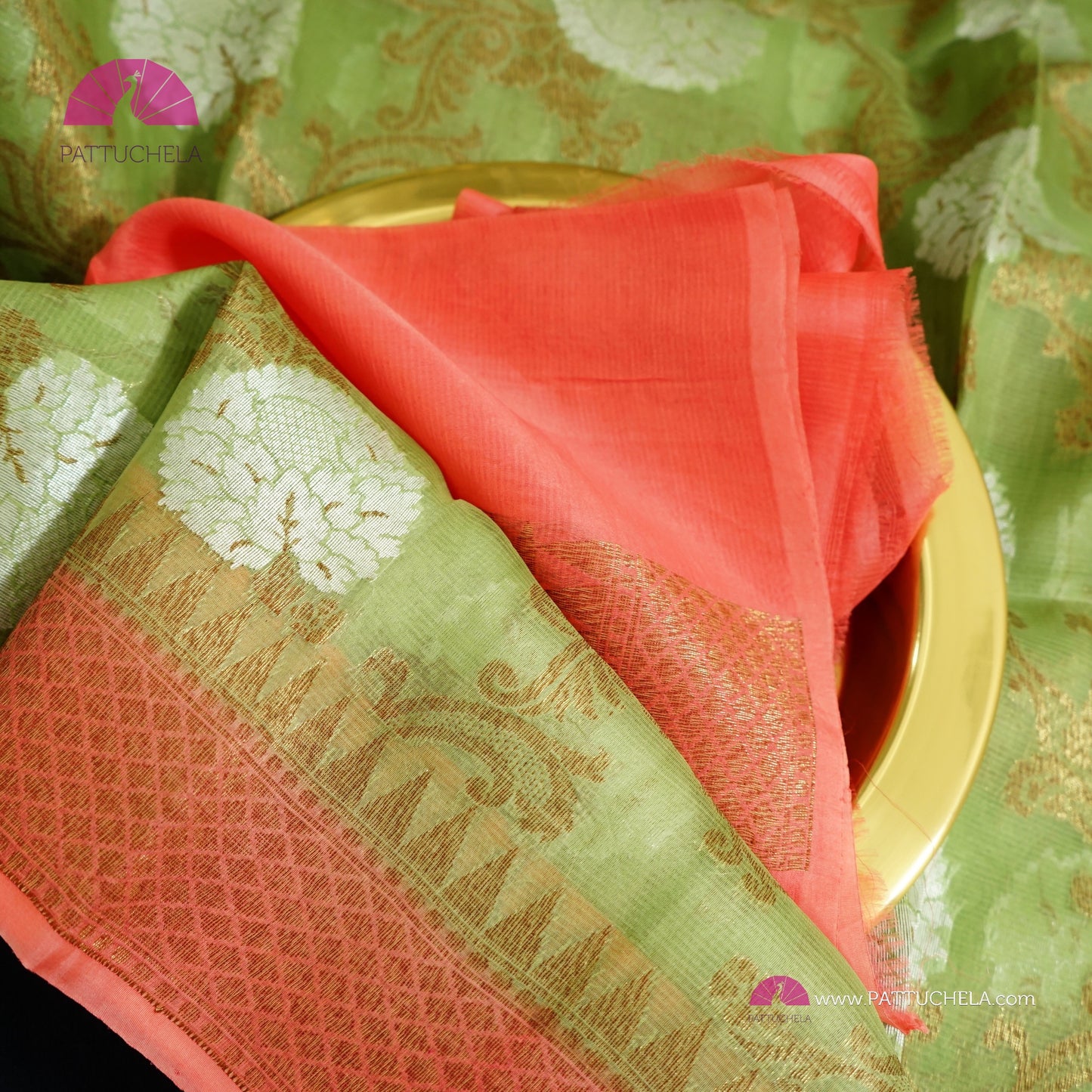 Pistachio Green and Peach Banarasi Handwoven Soft Kora Silk Saree with Jaal weaves