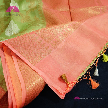 Pistachio Green and Peach Banarasi Handwoven Soft Kora Silk Saree with Jaal weaves