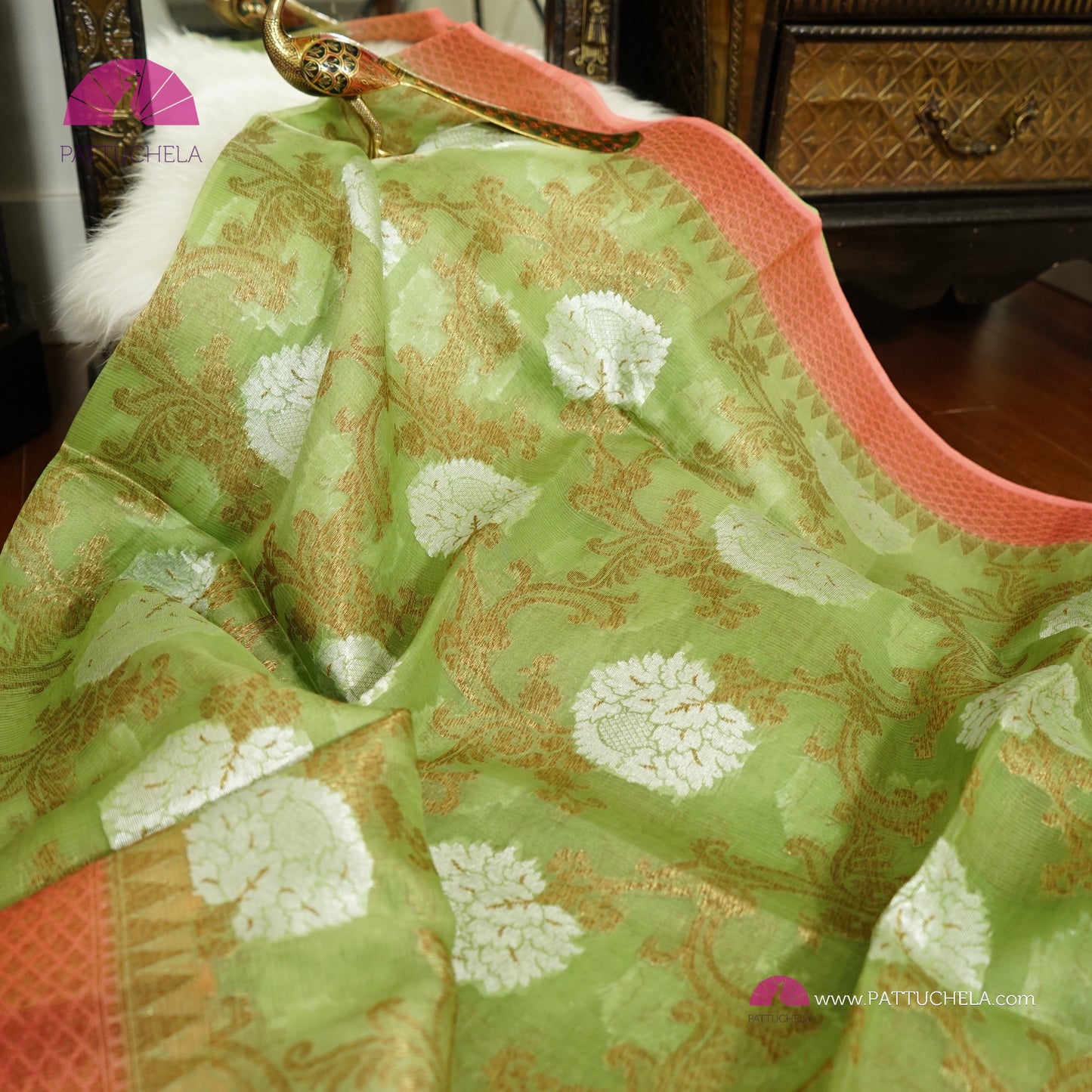 Pistachio Green and Peach Banarasi Handwoven Soft Kora Silk Saree with Jaal weaves