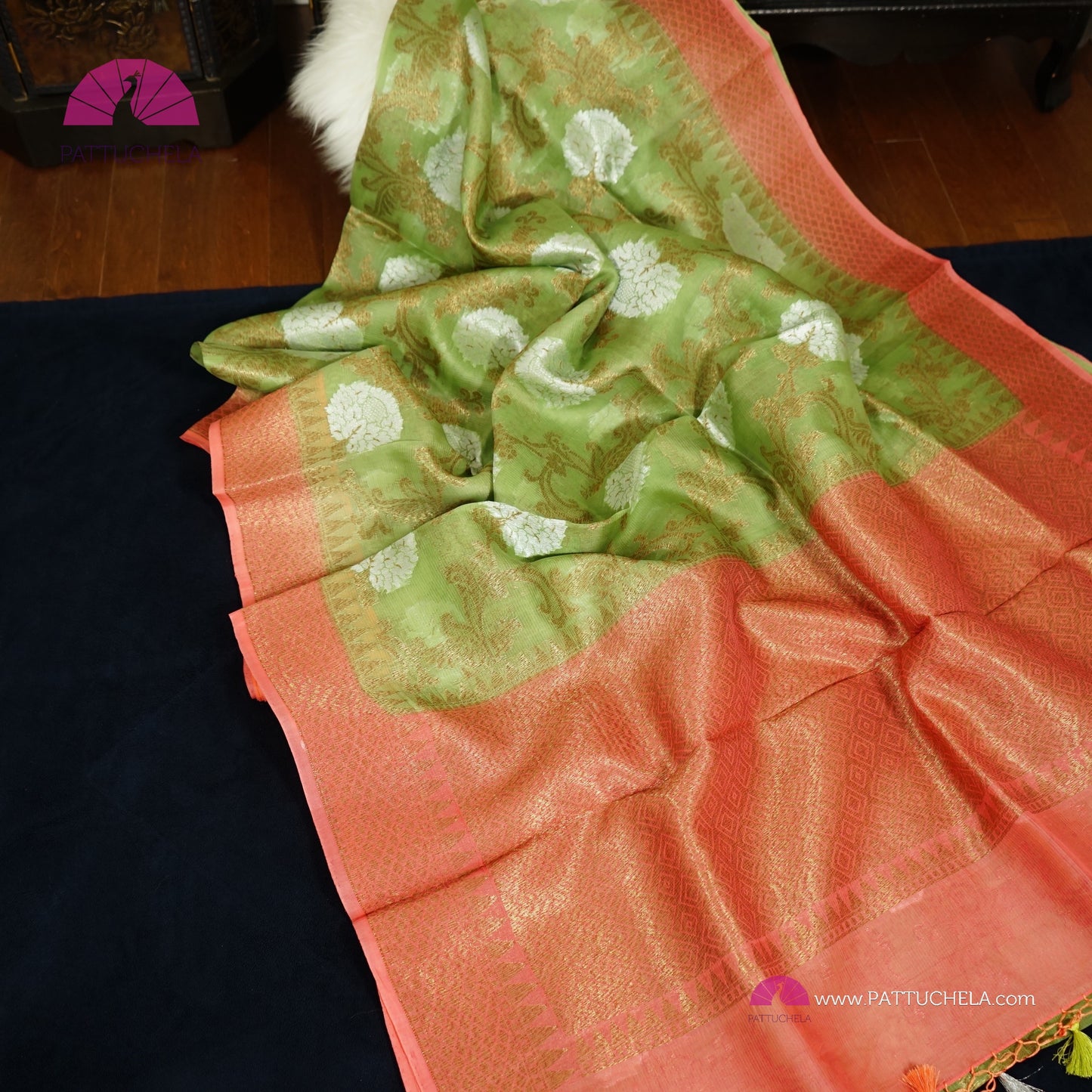 Pistachio Green and Peach Banarasi Handwoven Soft Kora Silk Saree with Jaal weaves