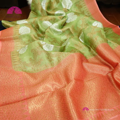 Pistachio Green and Peach Banarasi Handwoven Soft Kora Silk Saree with Jaal weaves