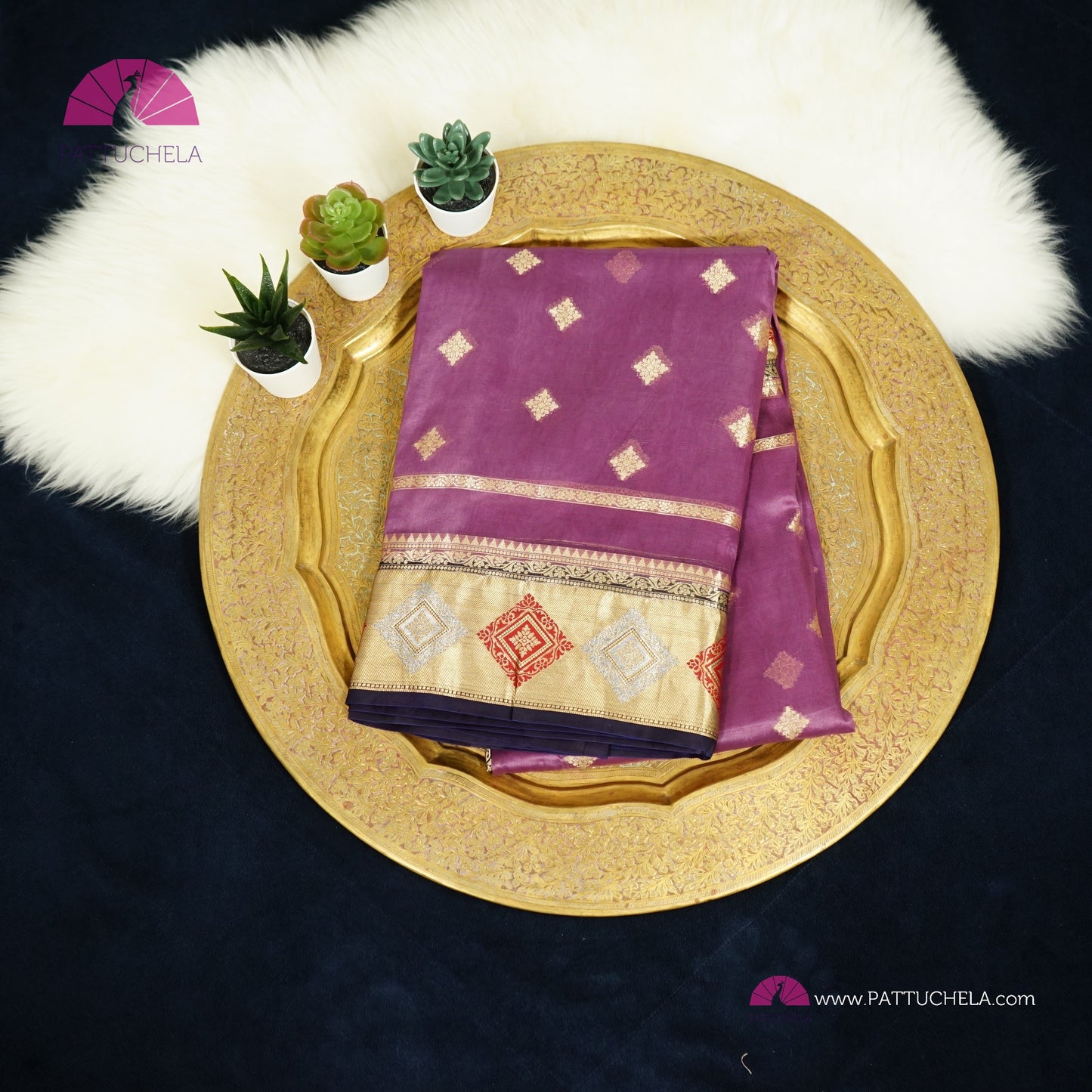 Purple Banarasi Kora Handloom Silk Saree with Diamond Paithani Koniya Borders