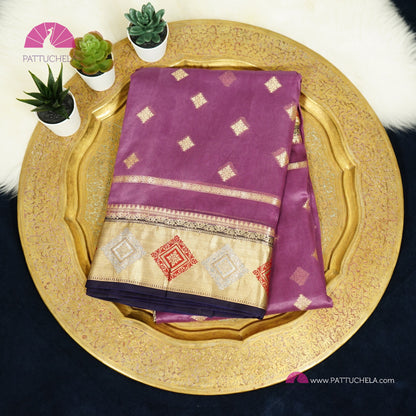 Purple Banarasi Kora Handloom Silk Saree with Diamond Paithani Koniya Borders