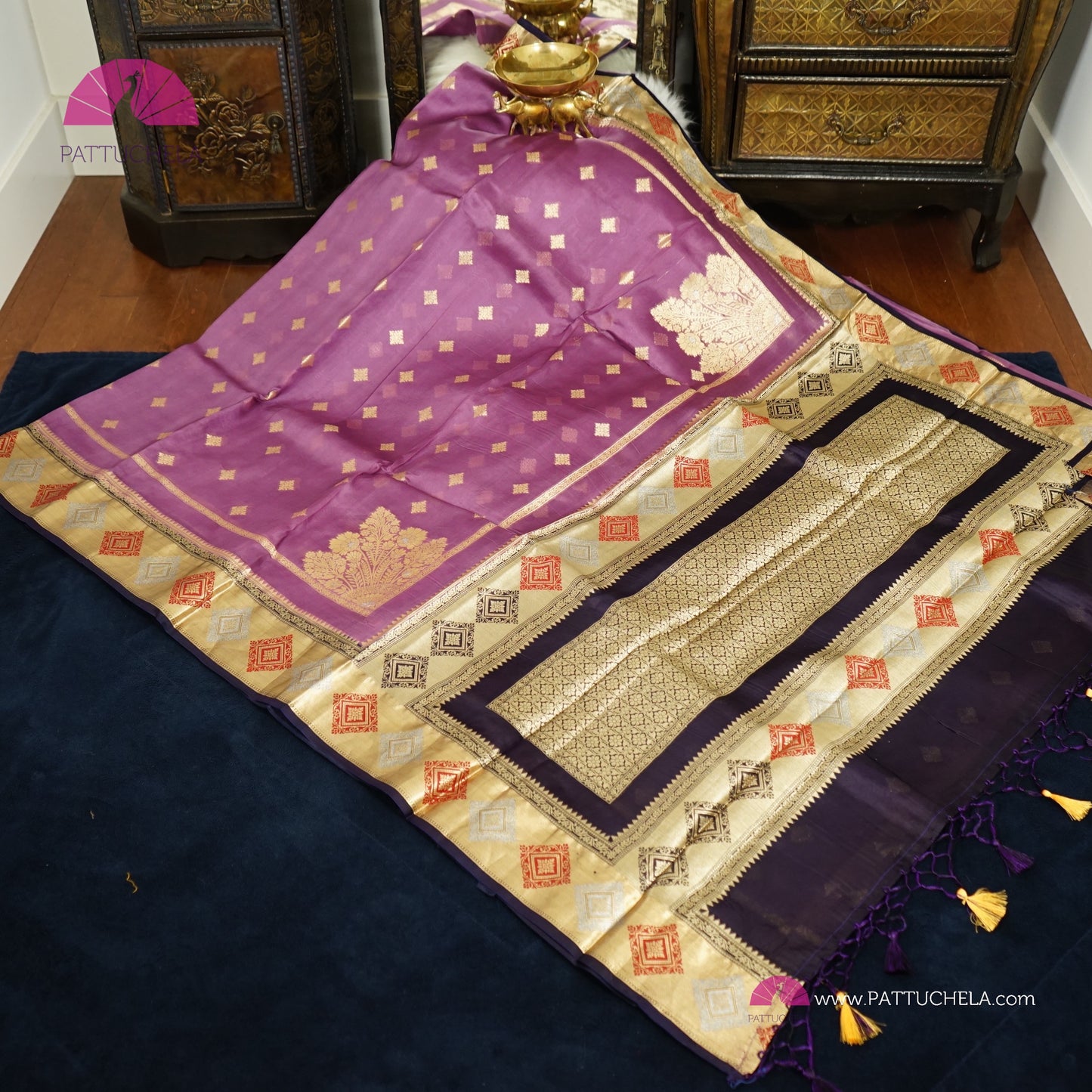 Purple Banarasi Kora Handloom Silk Saree with Diamond Paithani Koniya Borders