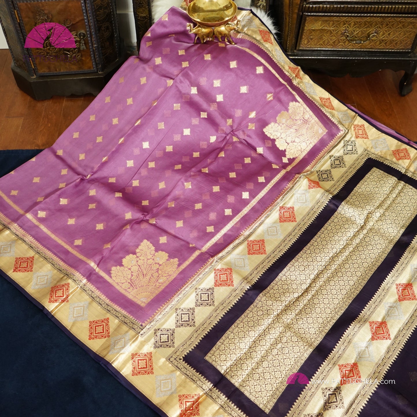 Purple Banarasi Kora Handloom Silk Saree with Diamond Paithani Koniya Borders