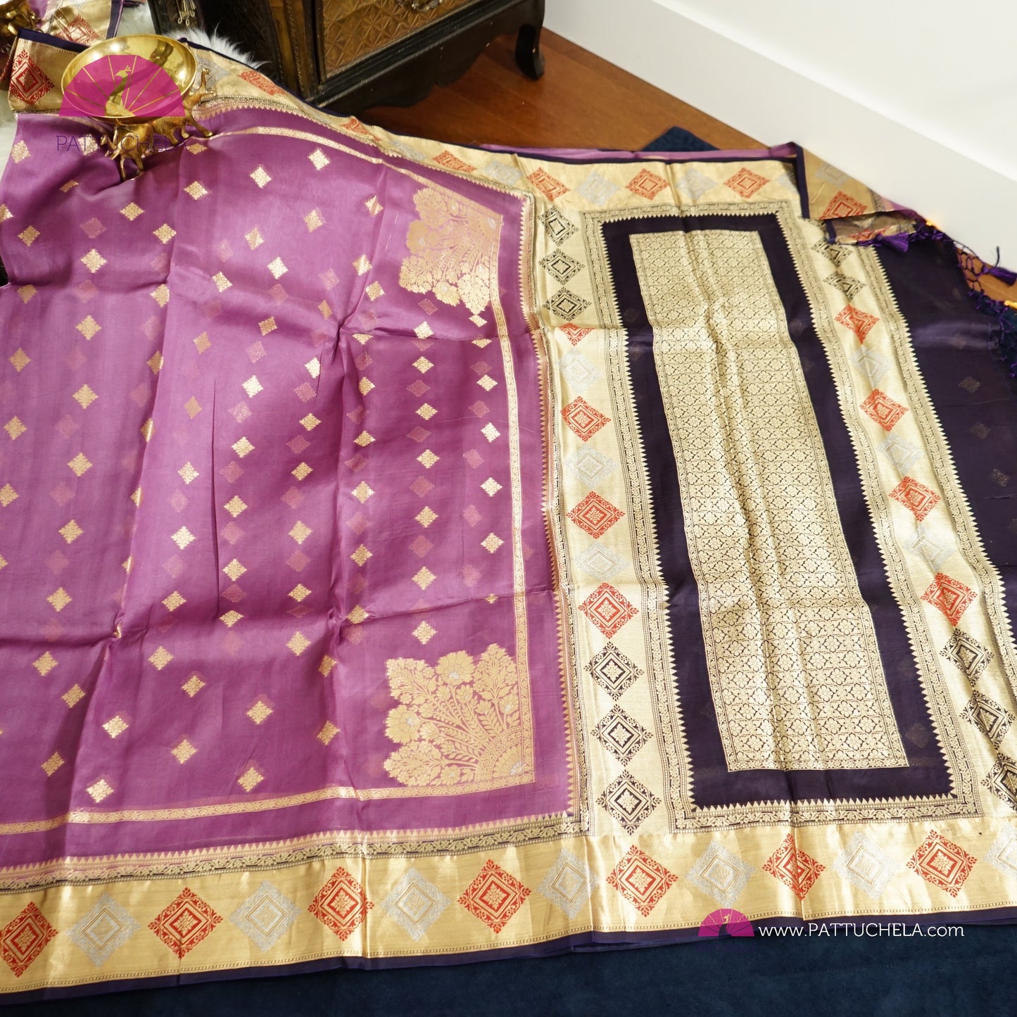 Purple Banarasi Kora Handloom Silk Saree with Diamond Paithani Koniya Borders