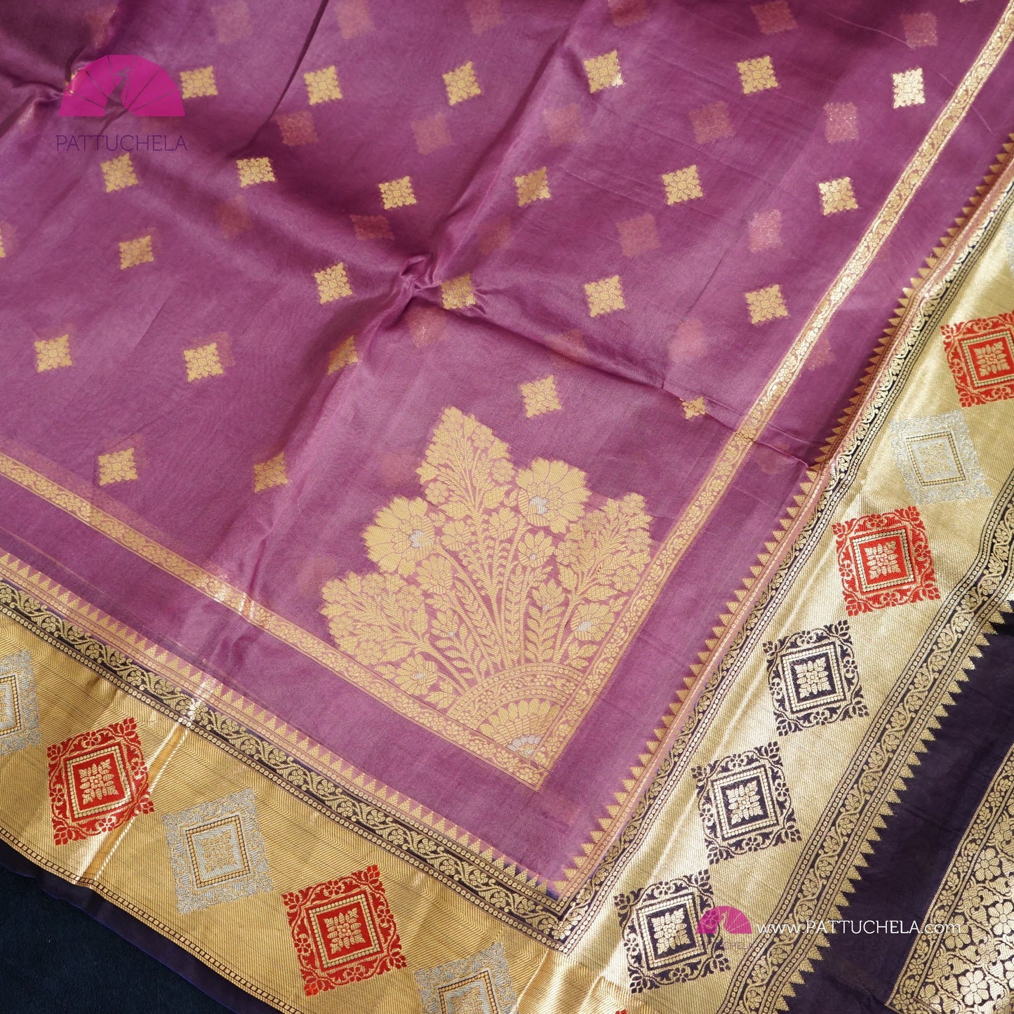 Purple Banarasi Kora Handloom Silk Saree with Diamond Paithani Koniya Borders