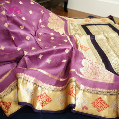 Purple Banarasi Kora Handloom Silk Saree with Diamond Paithani Koniya Borders