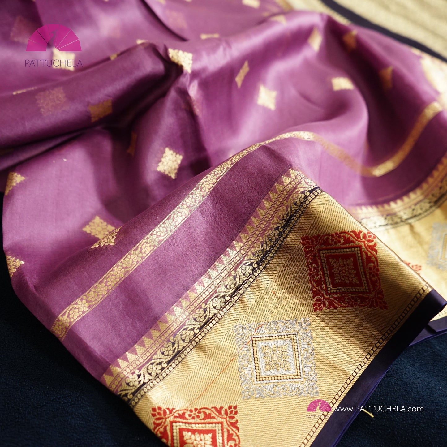 Purple Banarasi Kora Handloom Silk Saree with Diamond Paithani Koniya Borders