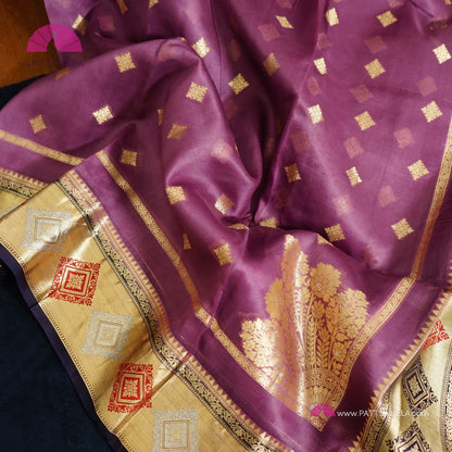 Purple Banarasi Kora Handloom Silk Saree with Diamond Paithani Koniya Borders