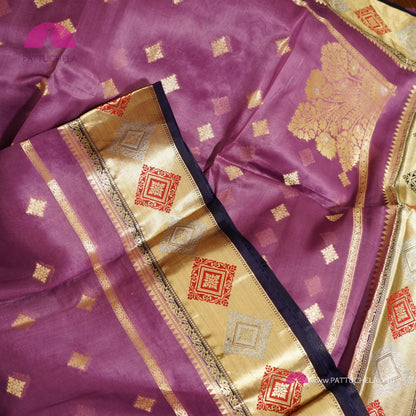 Purple Banarasi Kora Handloom Silk Saree with Diamond Paithani Koniya Borders