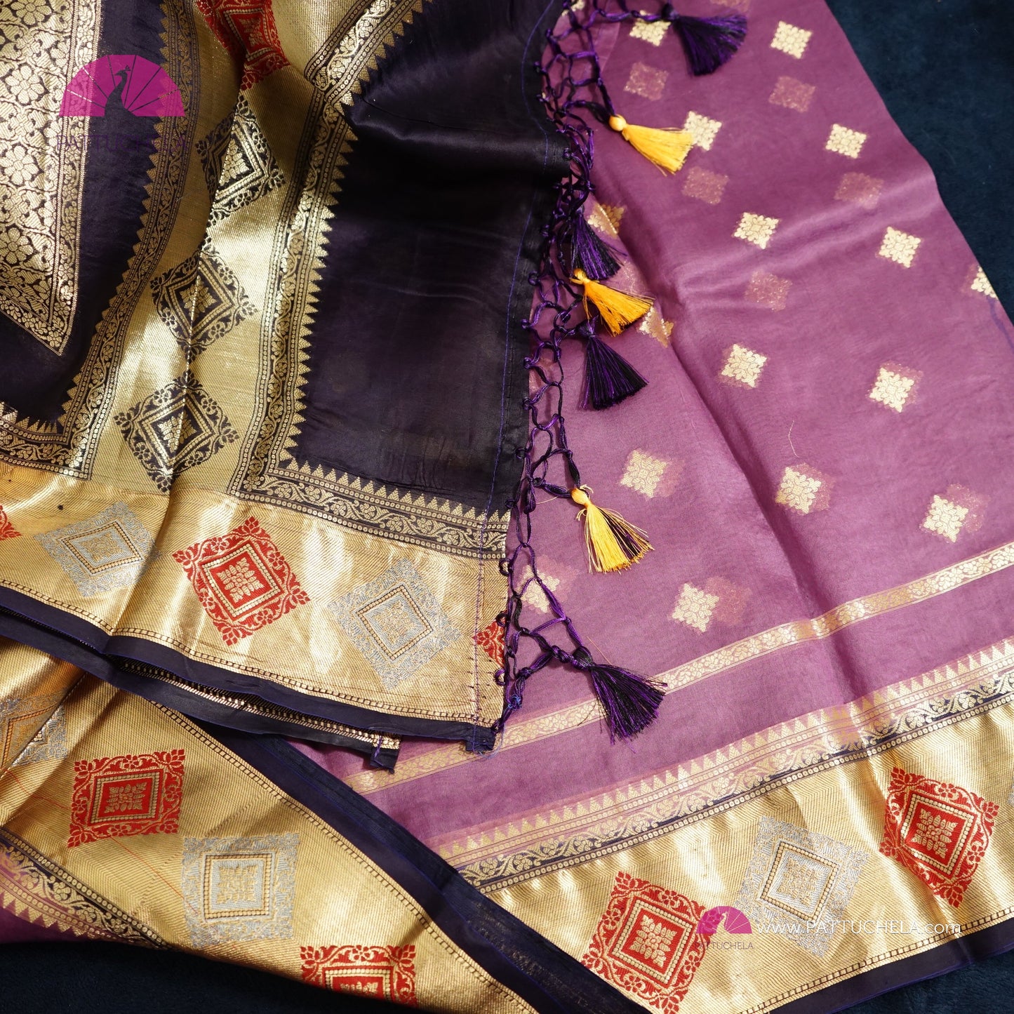 Purple Banarasi Kora Handloom Silk Saree with Diamond Paithani Koniya Borders