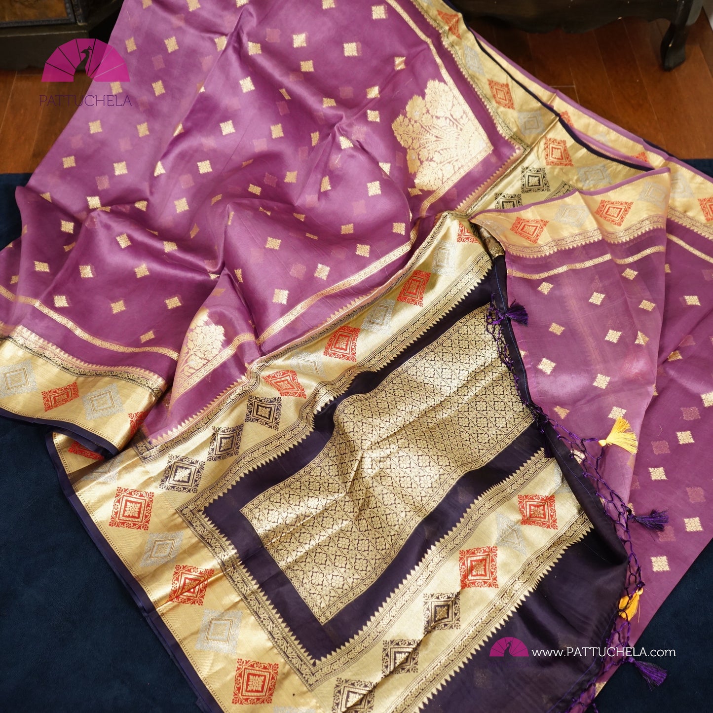 Purple Banarasi Kora Handloom Silk Saree with Diamond Paithani Koniya Borders