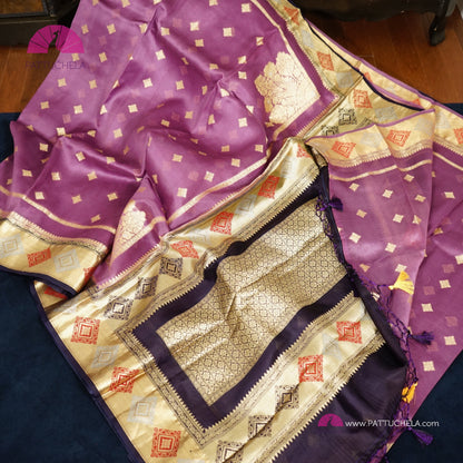 Purple Banarasi Kora Handloom Silk Saree with Diamond Paithani Koniya Borders