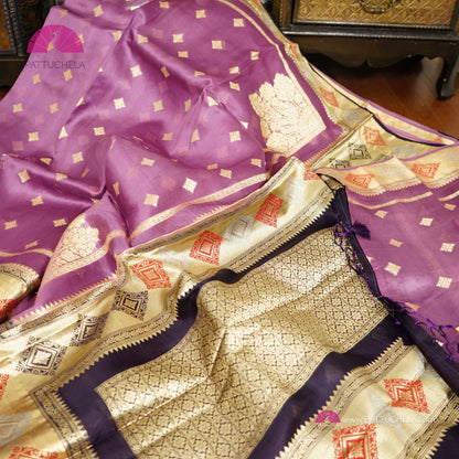 Purple Banarasi Kora Handloom Silk Saree with Diamond Paithani Koniya Borders