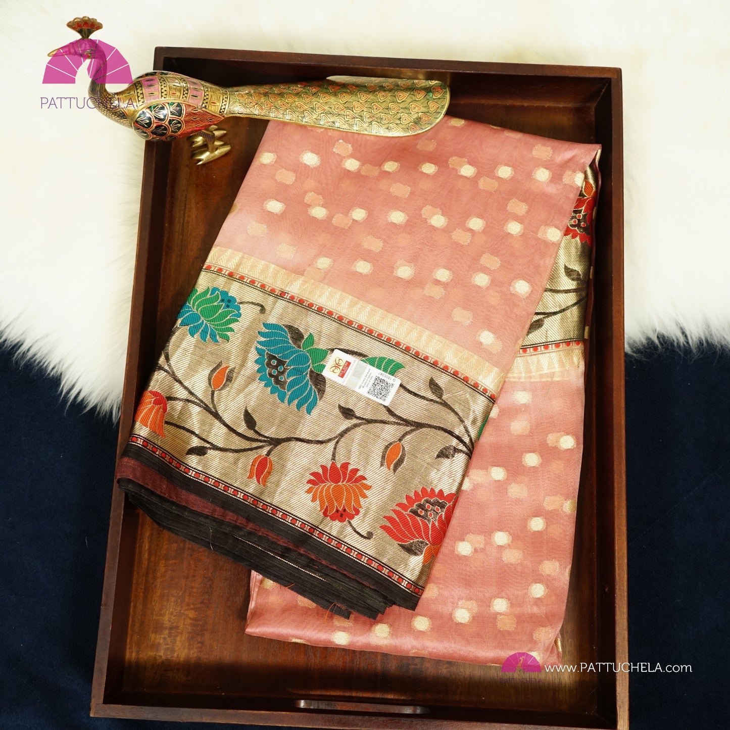 Dusty Pink Banarasi Kora Handloom Silk Saree with Floral Paithani Borders