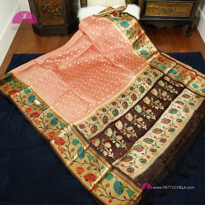 Dusty Pink Banarasi Kora Handloom Silk Saree with Floral Paithani Borders