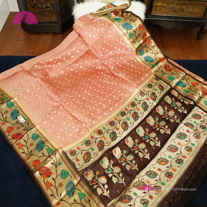 Dusty Pink Banarasi Kora Handloom Silk Saree with Floral Paithani Borders