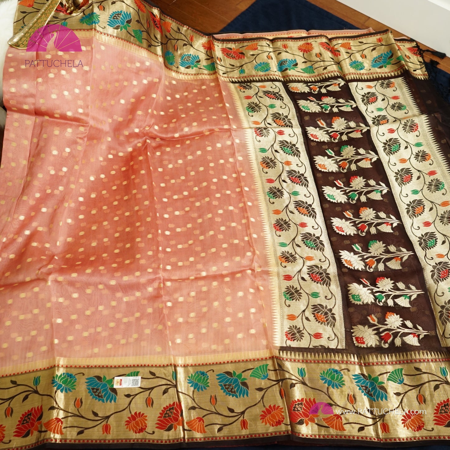 Dusty Pink Banarasi Kora Handloom Silk Saree with Floral Paithani Borders