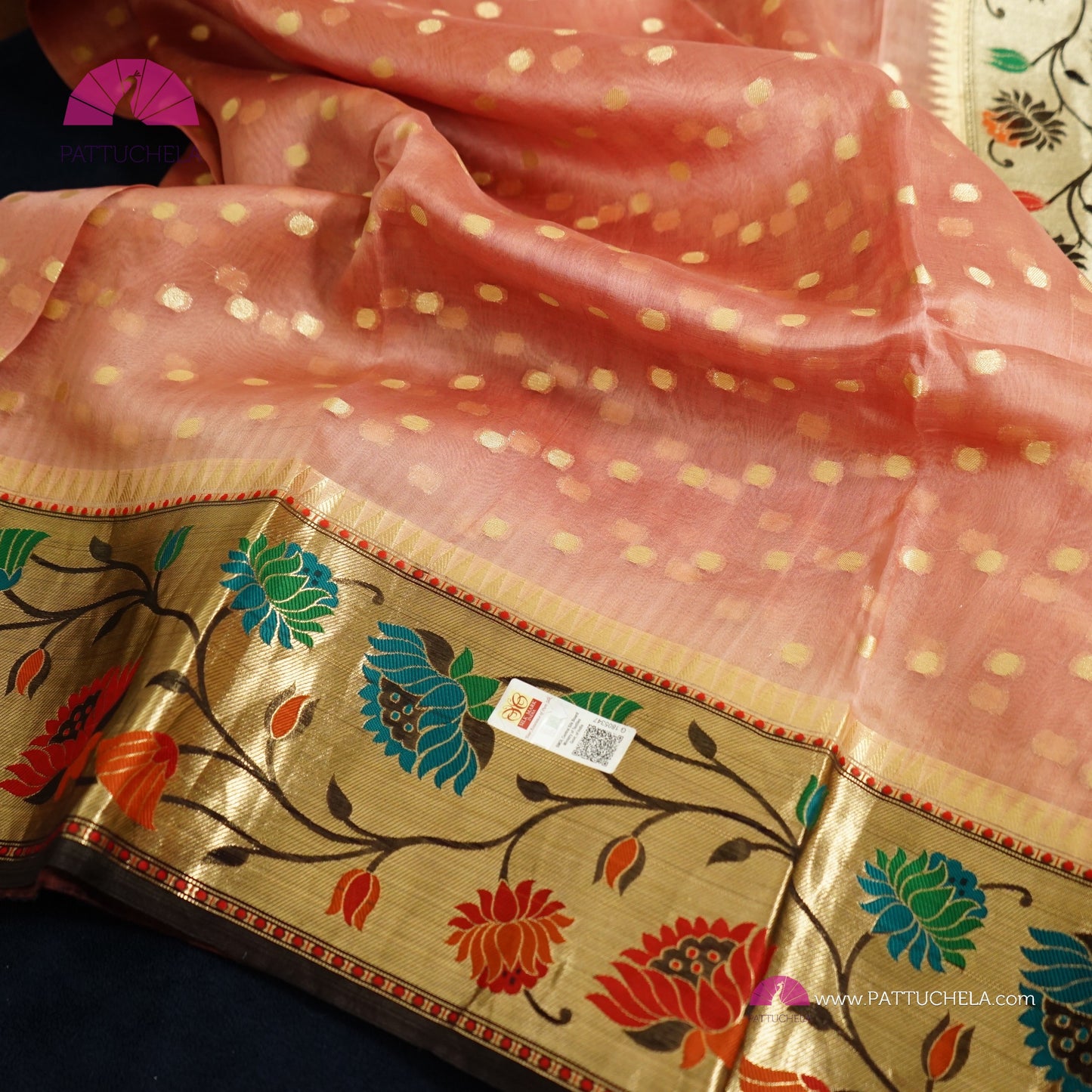 Dusty Pink Banarasi Kora Handloom Silk Saree with Floral Paithani Borders