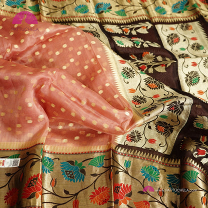 Dusty Pink Banarasi Kora Handloom Silk Saree with Floral Paithani Borders