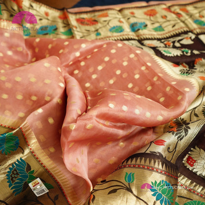 Dusty Pink Banarasi Kora Handloom Silk Saree with Floral Paithani Borders