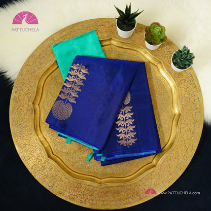 Pure Blue Kanchipuram Borderless Soft Silk Saree with floral Zari Motifs | Party Wear | SilkMark Certified | PattuChela