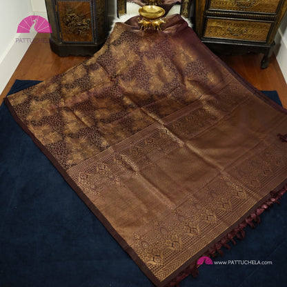 Dark Plum Purple Borderless Kanchipuram Handloom SILK MARK CERTIFIED Saree with antique Gold Zari weaves