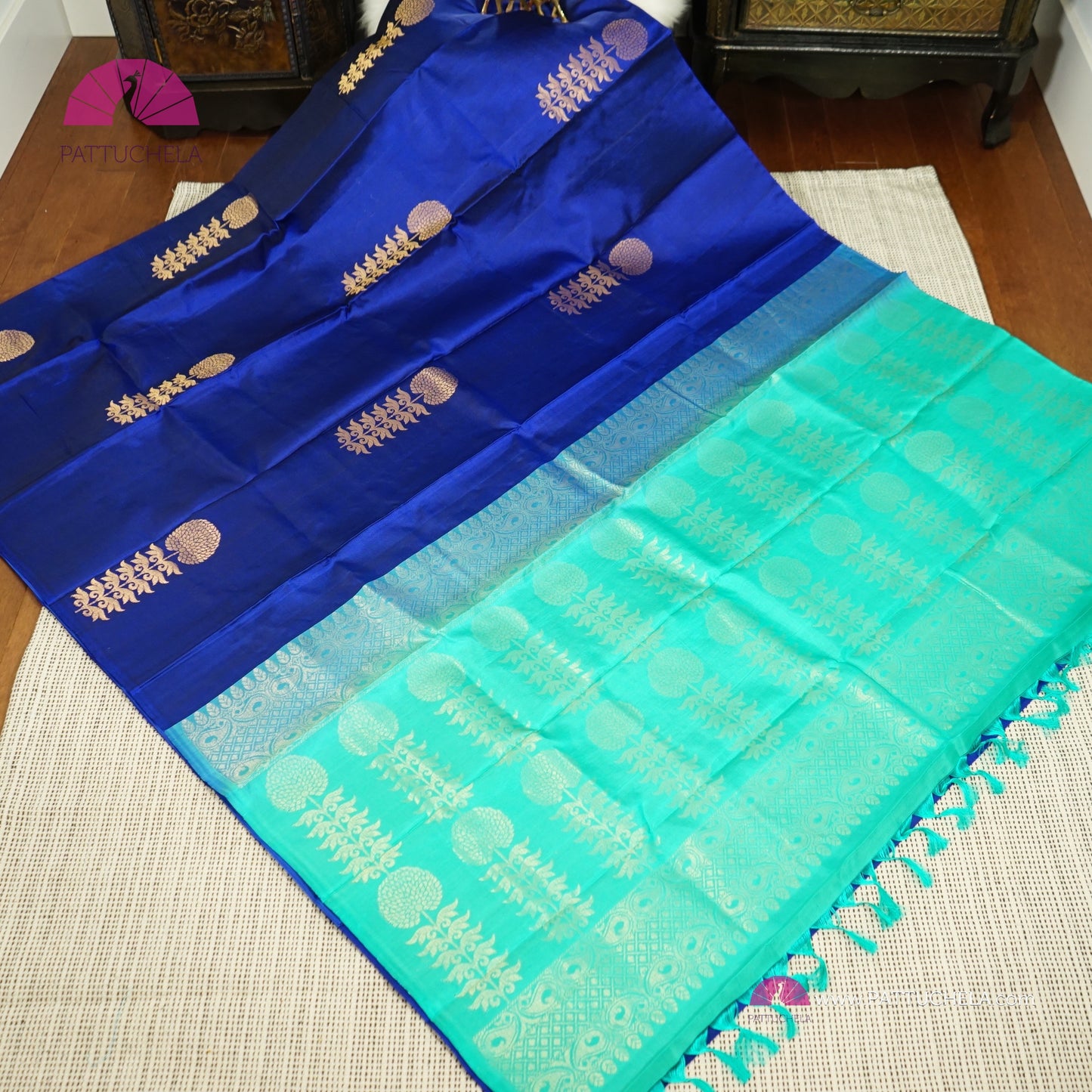 Pure Blue Kanchipuram Borderless Soft Silk Saree with floral Zari Motifs | Party Wear | SilkMark Certified | PattuChela