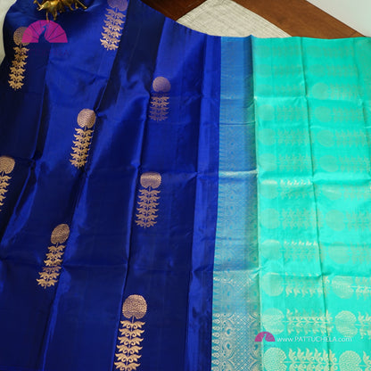 Pure Blue Kanchipuram Borderless Soft Silk Saree with floral Zari Motifs | Party Wear | SilkMark Certified | PattuChela