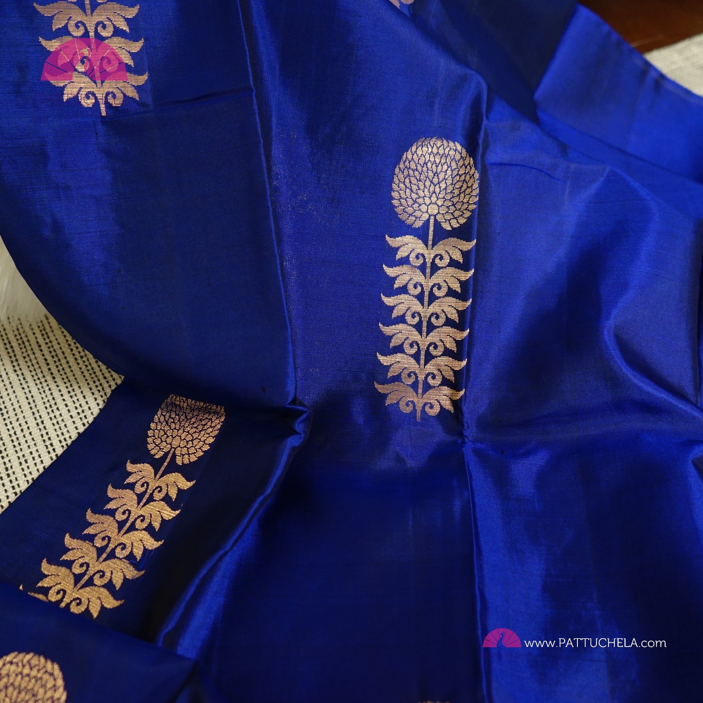 Pure Blue Kanchipuram Borderless Soft Silk Saree with floral Zari Motifs | Party Wear | SilkMark Certified | PattuChela