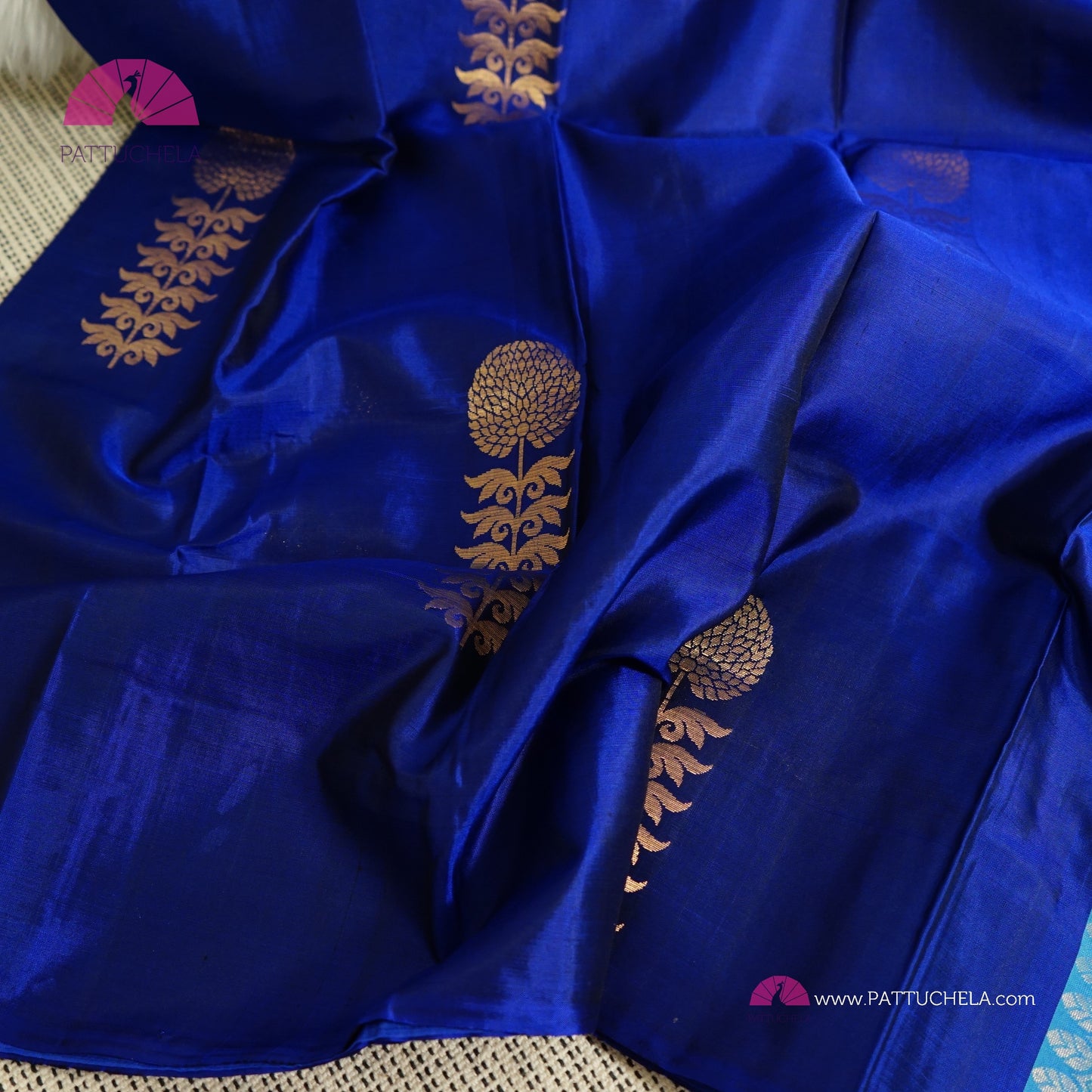 Pure Blue Kanchipuram Borderless Soft Silk Saree with floral Zari Motifs | Party Wear | SilkMark Certified | PattuChela