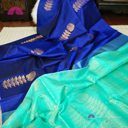 Pure Blue Kanchipuram Borderless Soft Silk Saree with floral Zari Motifs | Party Wear | SilkMark Certified | PattuChela