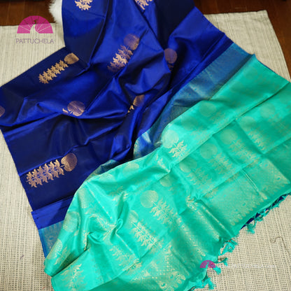 Pure Blue Kanchipuram Borderless Soft Silk Saree with floral Zari Motifs | Party Wear | SilkMark Certified | PattuChela