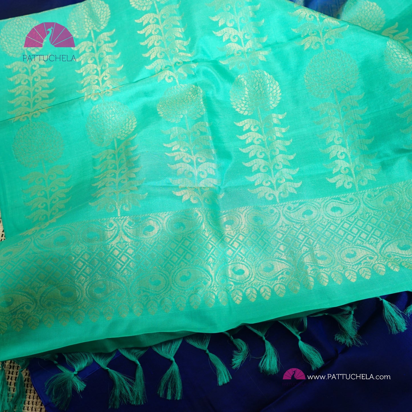 Pure Blue Kanchipuram Borderless Soft Silk Saree with floral Zari Motifs | Party Wear | SilkMark Certified | PattuChela