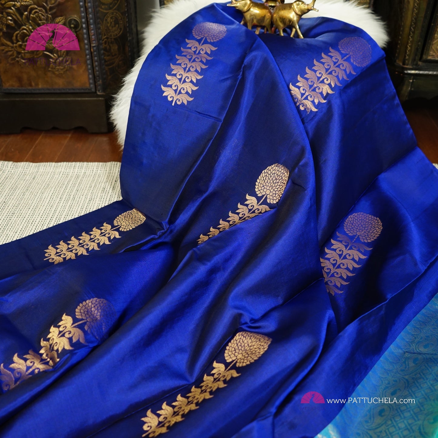 Pure Blue Kanchipuram Borderless Soft Silk Saree with floral Zari Motifs | Party Wear | SilkMark Certified | PattuChela