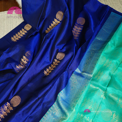 Pure Blue Kanchipuram Borderless Soft Silk Saree with floral Zari Motifs | Party Wear | SilkMark Certified | PattuChela