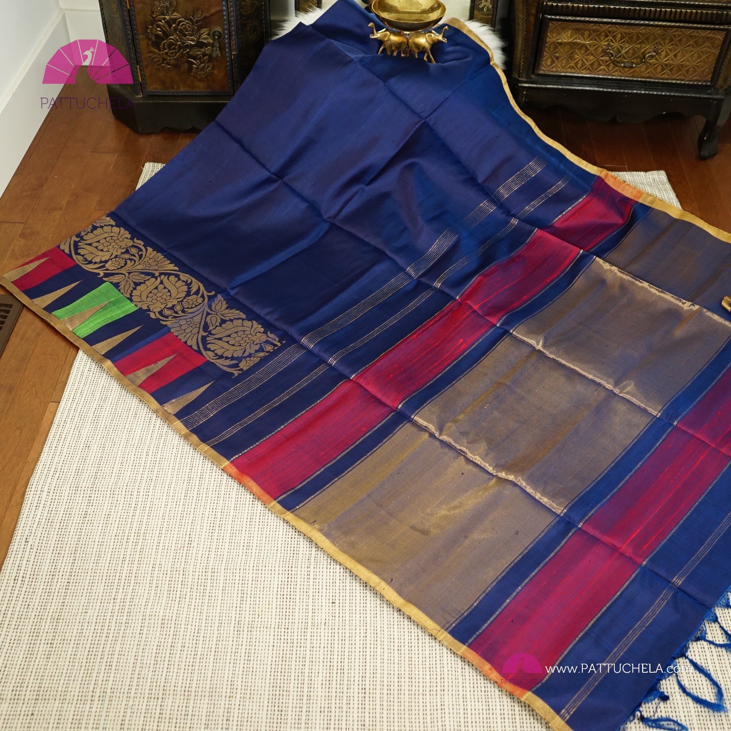 Pure Blue Kanchipuram Handloom SILK MARK CERTIFIED Saree with multicolour Temple border