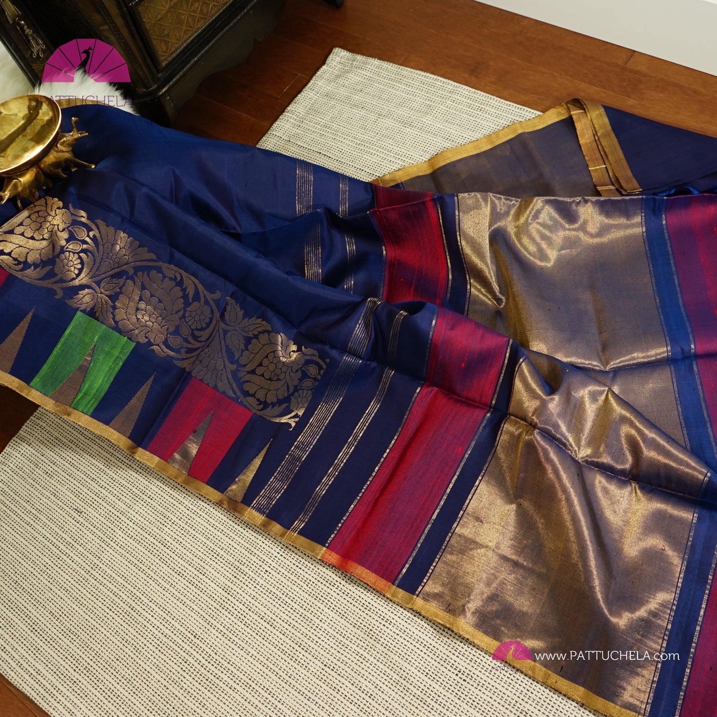 Pure Blue Kanchipuram Handloom SILK MARK CERTIFIED Saree with multicolour Temple border