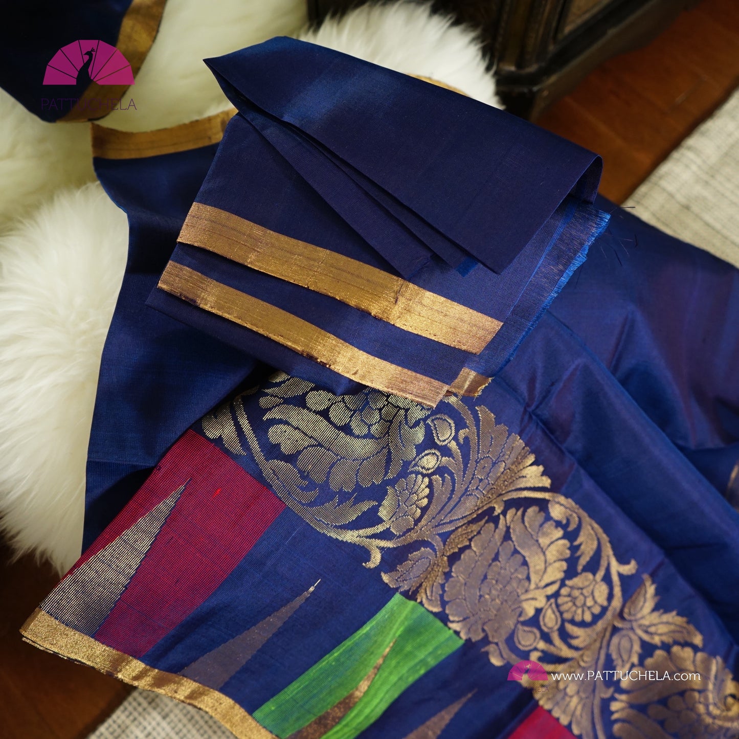 Pure Blue Kanchipuram Handloom SILK MARK CERTIFIED Saree with multicolour Temple border