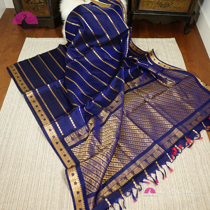 Blue Kanchipuram Stripes Silk Saree with Gold Zari Weaved Border | Wedding Saree | Silk Mark Certified | PattuChela