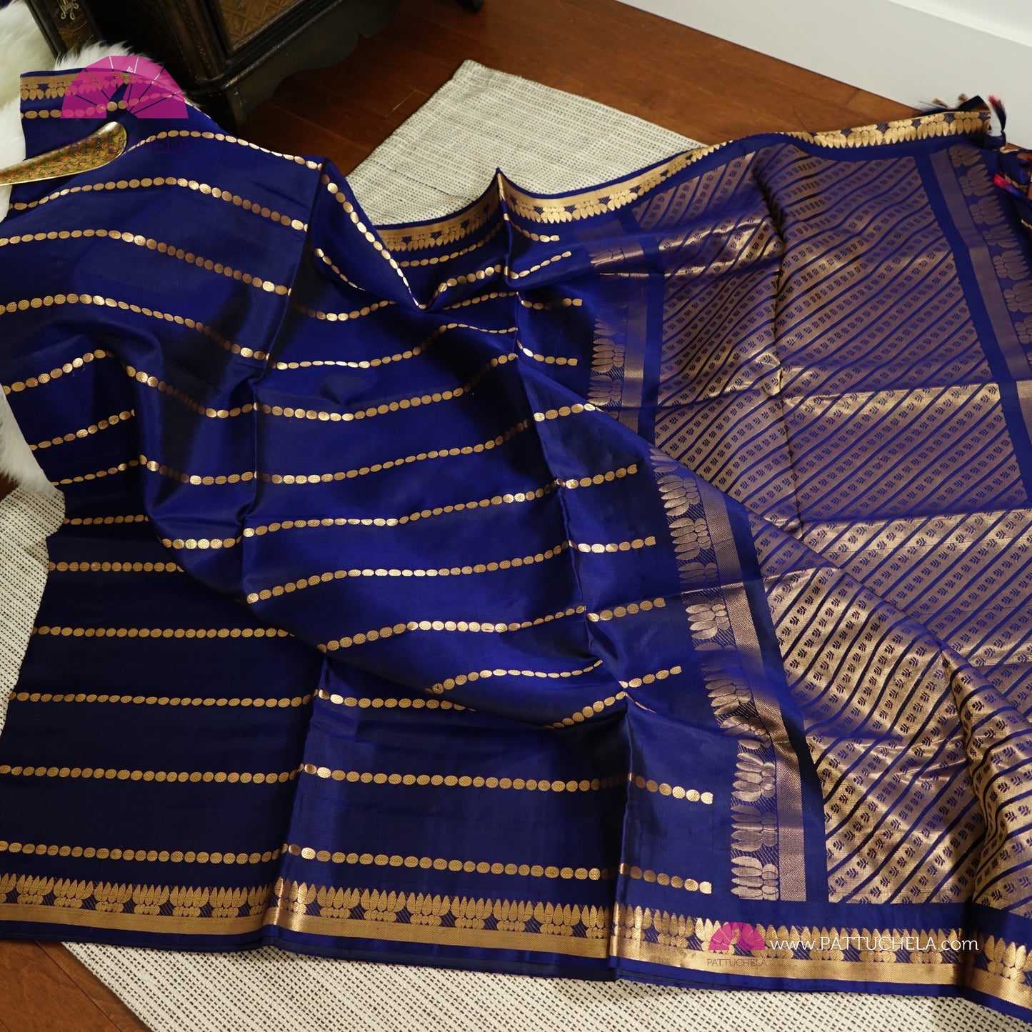 Blue Kanchipuram Stripes Silk Saree with Gold Zari Weaved Border | Wedding Saree | Silk Mark Certified | PattuChela