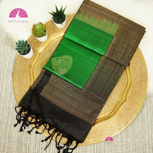 Green Kanchipuram Soft Silk Saree with Stripped Black Border with Peacock Zari Motifs| Party Wear | Wedding Silk | SilkMark Certified | PattuChela