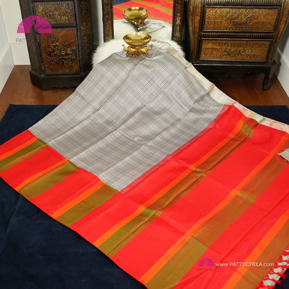 Black & White Checked Kanchipuram Handloom SILK MARK CERTIFIED Saree with mullticoloured borders