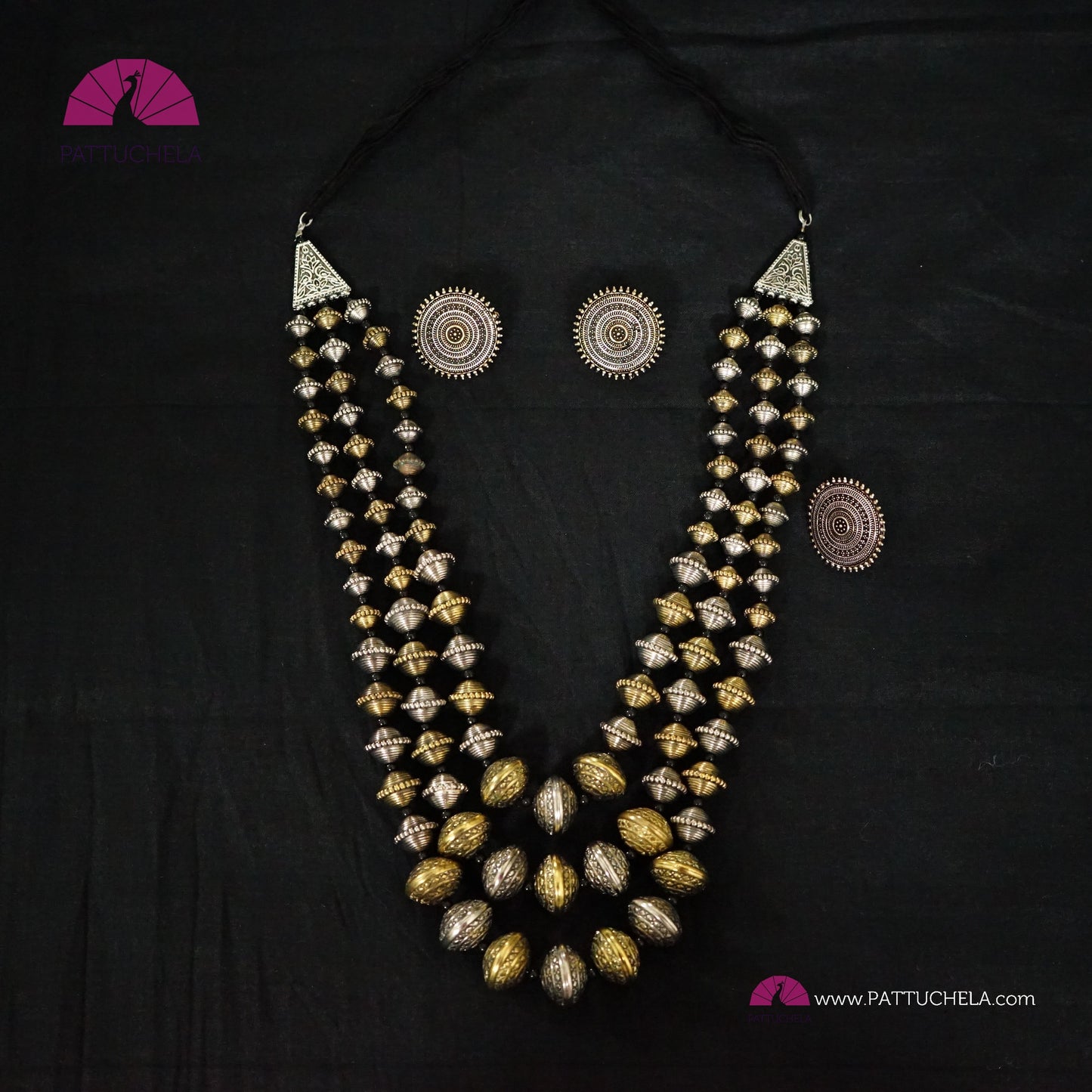 Gold & Silver oxidized 3 layer long bead necklace Set with earrings and finger ring | Bead Mala | Indian Jewelry