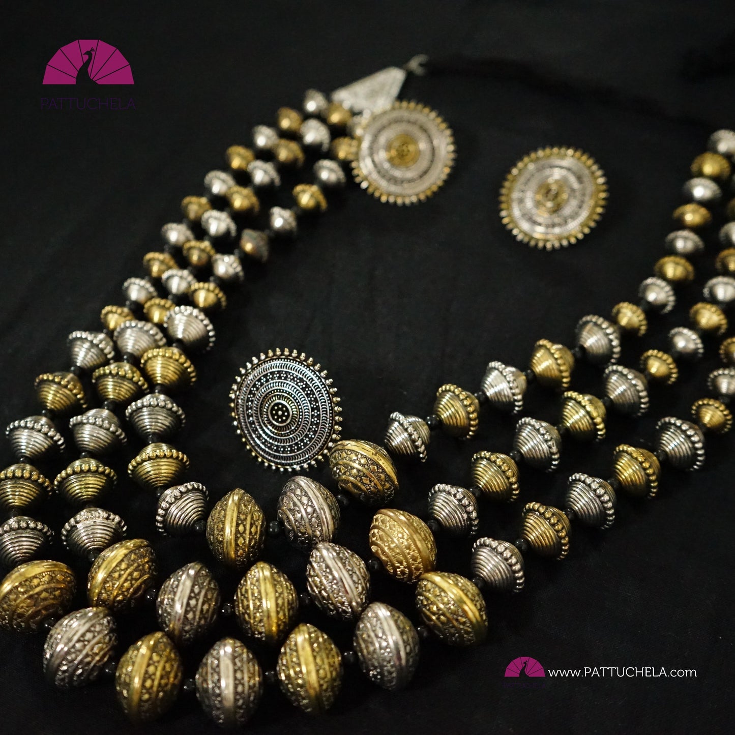 Gold & Silver oxidized 3 layer long bead necklace Set with earrings and finger ring | Bead Mala | Indian Jewelry