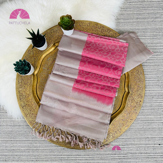 Pastel Pink Kanchipuram Handloom Soft Silk Saree with Mandala Motif Borders | SILK MARK CERTIFIED | Kanjivaram Silks