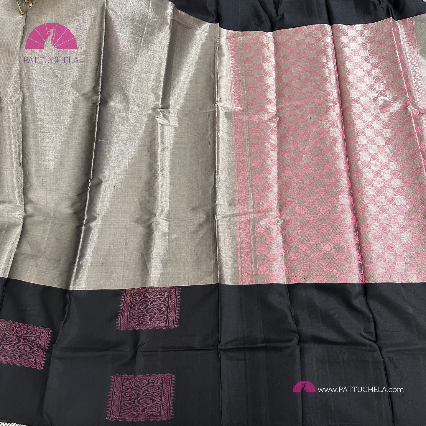 Grey Kanchipuram Handloom SILK MARK CERTIFIED Tissue Silk Saree with Black Border
