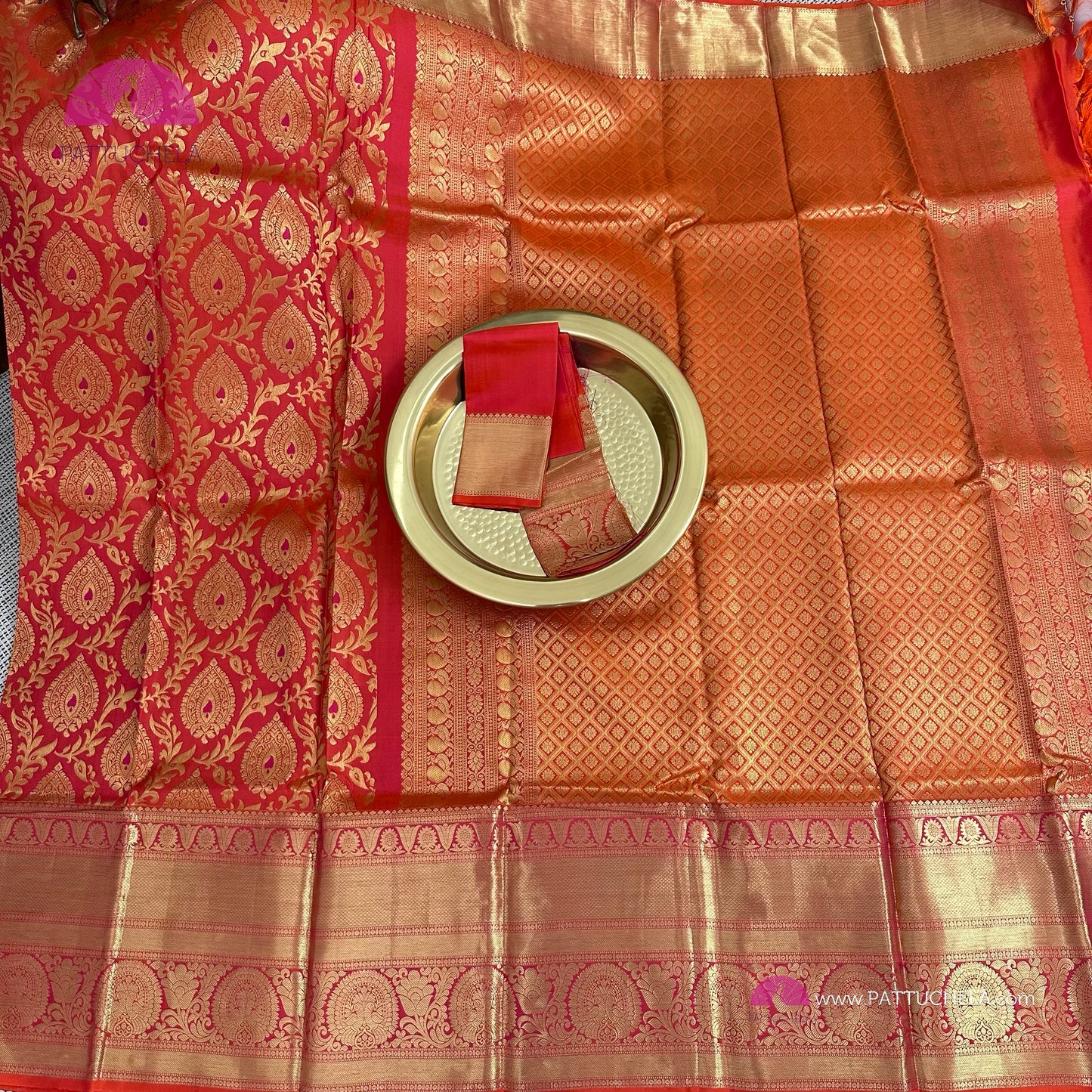 Pink & Orange Dual Tone Floral Kanchipuram Handloom SILK MARK CERTIFIED Saree